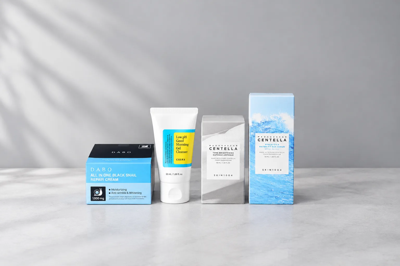 Complete Glow Routine Combo – COSRX Gel + SKIN1004 Ampoule + Sun Serum + DABO Snail Cream